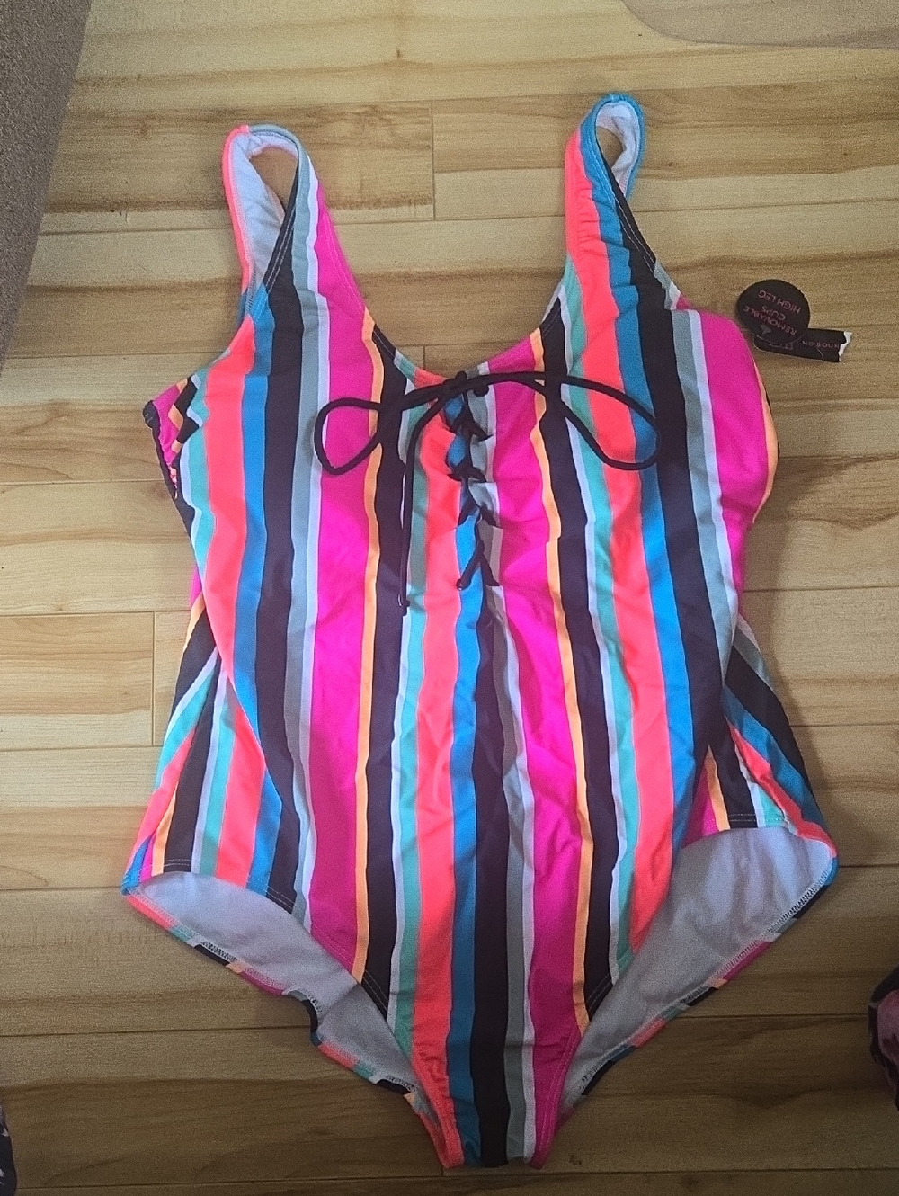 Colorful Striped One-Piece Swimsuit with Front Tie Size 2x New With Tags